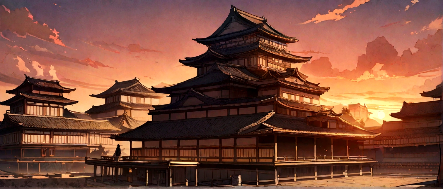 masterpiece, sunset, ancient japan city, sakura flower in front