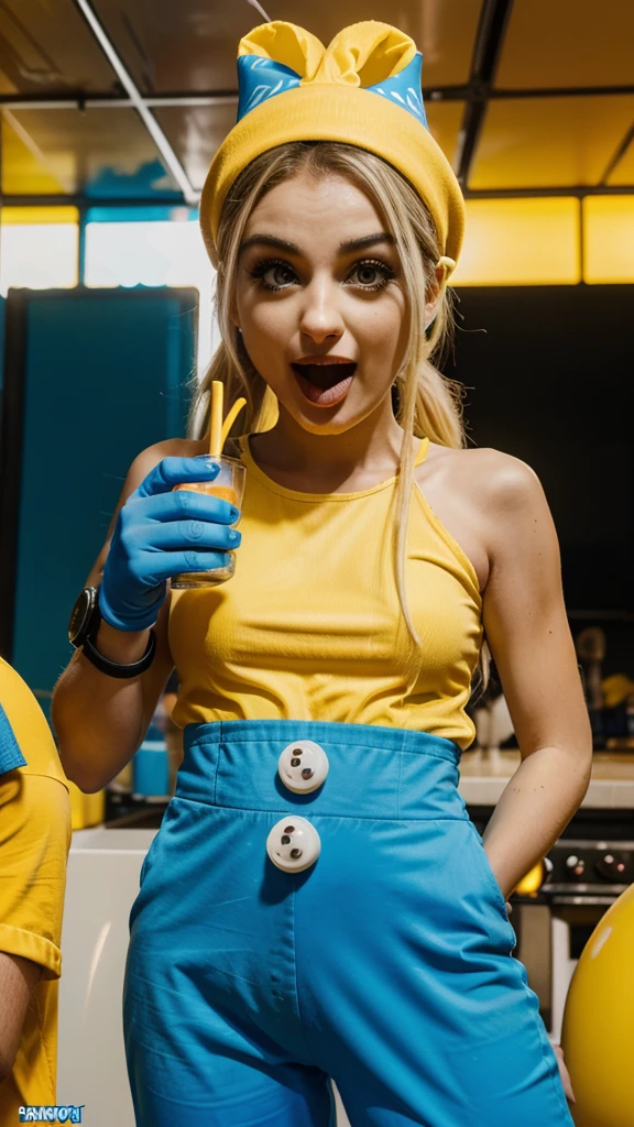 Minions and Smurfs eating pasta with fun and Sonic drinking fanta in very crazy hero clothes with crazy faces very crazy caricatures with very bold gestures and incredible props and very modern background with neon borders image quality in 8k funny clowns