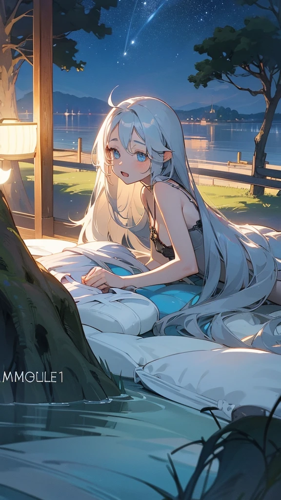 A girl sits alone on a beach chair reading a book at sunset.
She has long blond hair and wears a white rough one-piece dress.
A black cat is sleeping under the chair.
The cat is curled up asleep.
There is a forest on the land side of the beach.
The sunset is beautiful.
