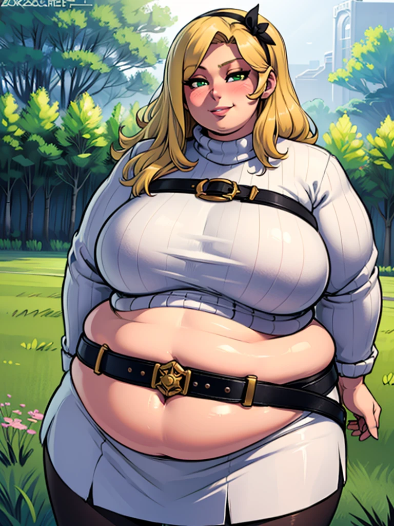 high_aesthetic,art by Lazorchef, ((Masterpiece, best quality, perfect lighting, amazing shading)), perfect anatomy, field of depth, extremely beautiful, long blonde hair, hair ribbons, green eyes, ribbed sweater dress, pantyhose, cute smile, ((immobile)), belt, blushing, (cowboy shot), (elegant pose), simple background