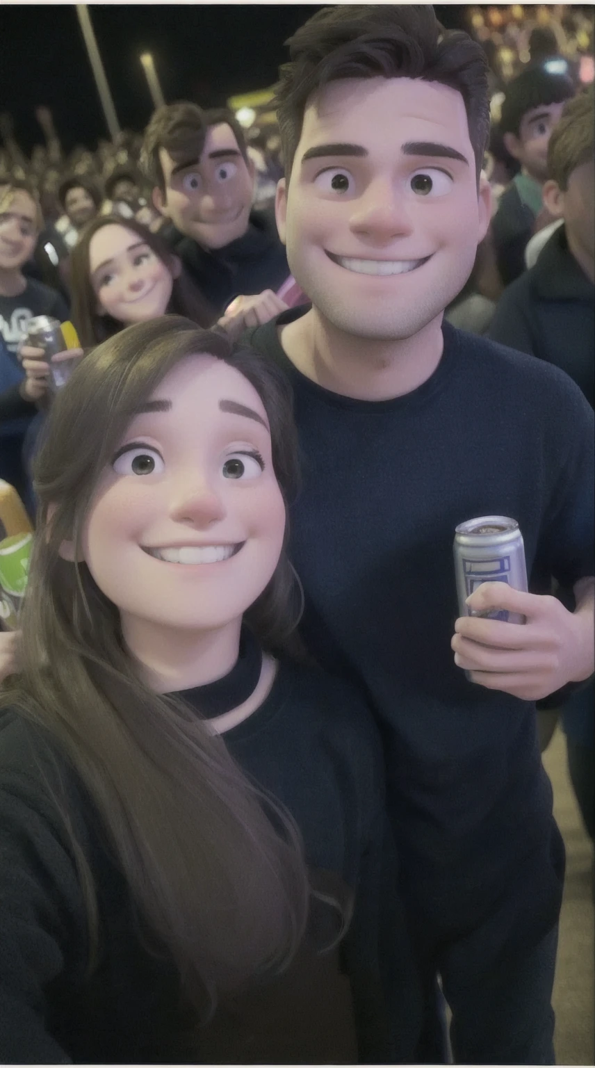 smiling man and woman holding a can of beer in front of a crowd, audience selfie, very very low quality picture, taken at the beginning of 2020, foto do show, both smiling at the camera, foto perfil, at a rave, heavy grainy picture, many people, 8k selfie photograph, very very low quality