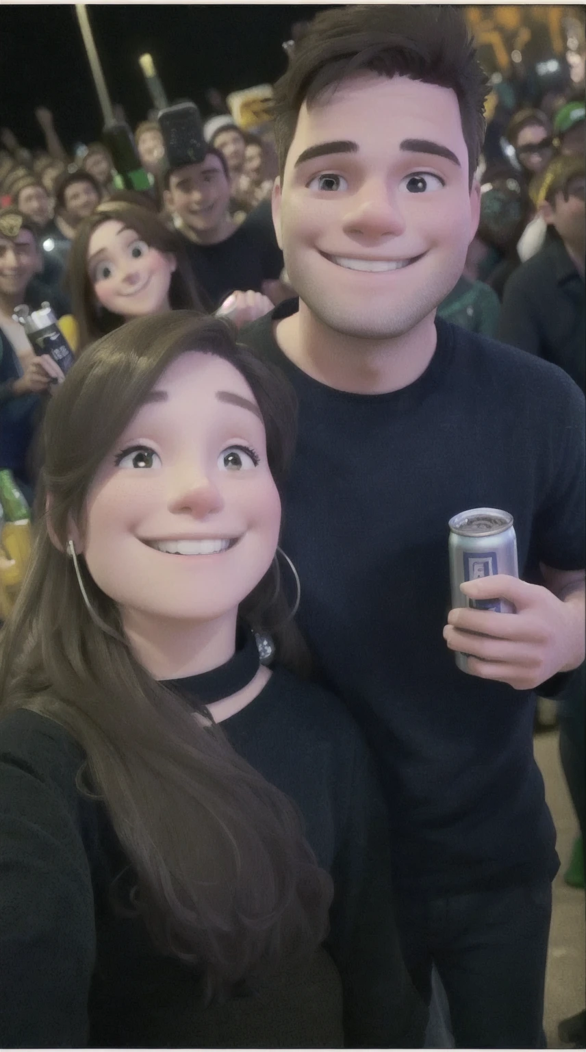 smiling man and woman holding a can of beer in front of a crowd, audience selfie, very very low quality picture, taken at the beginning of 2020, foto do show, both smiling at the camera, foto perfil, at a rave, heavy grainy picture, many people, 8k selfie photograph, very very low quality