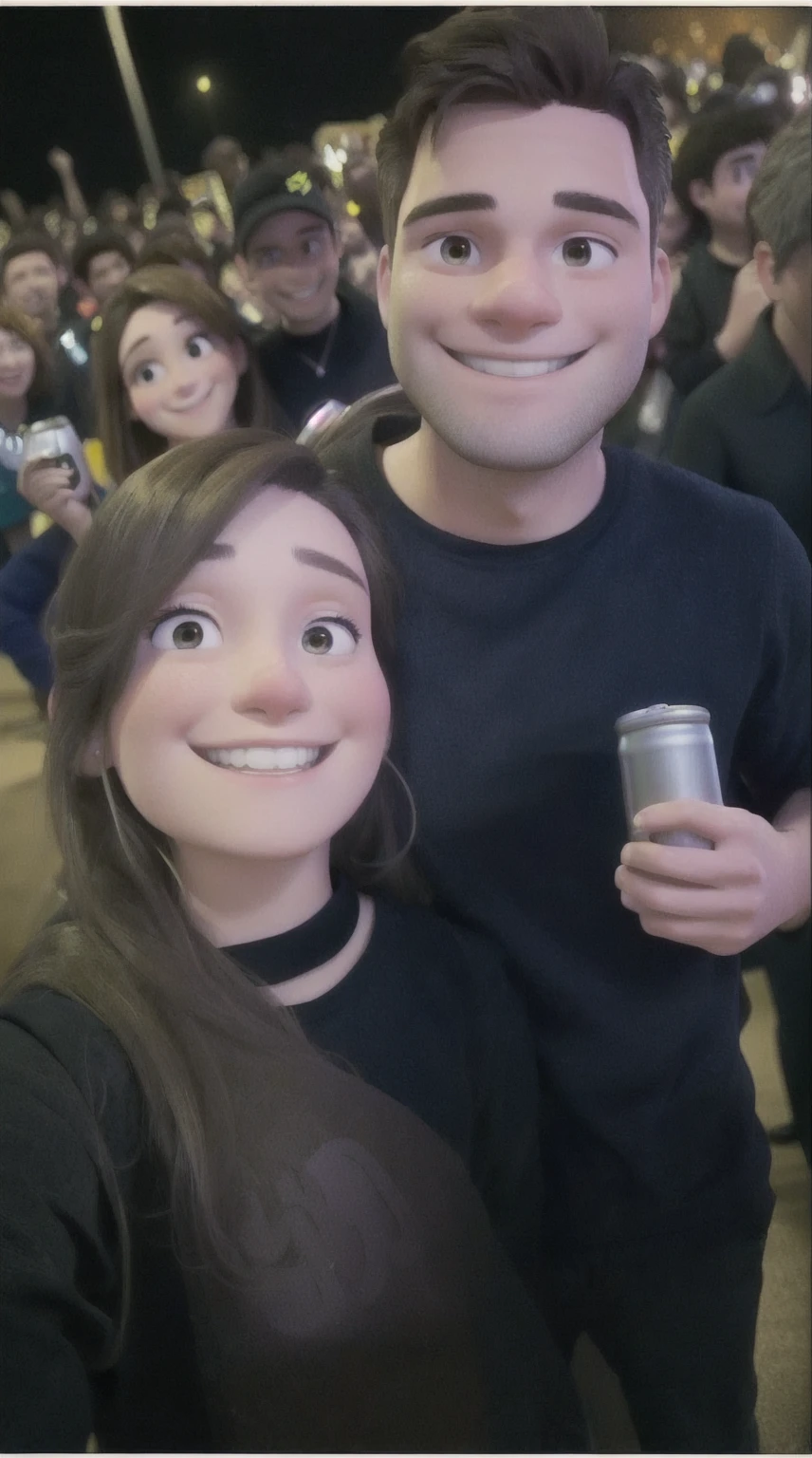 smiling man and woman holding a can of beer in front of a crowd, audience selfie, very very low quality picture, taken at the beginning of 2020, foto do show, both smiling at the camera, foto perfil, at a rave, heavy grainy picture, many people, 8k selfie photograph, very very low quality