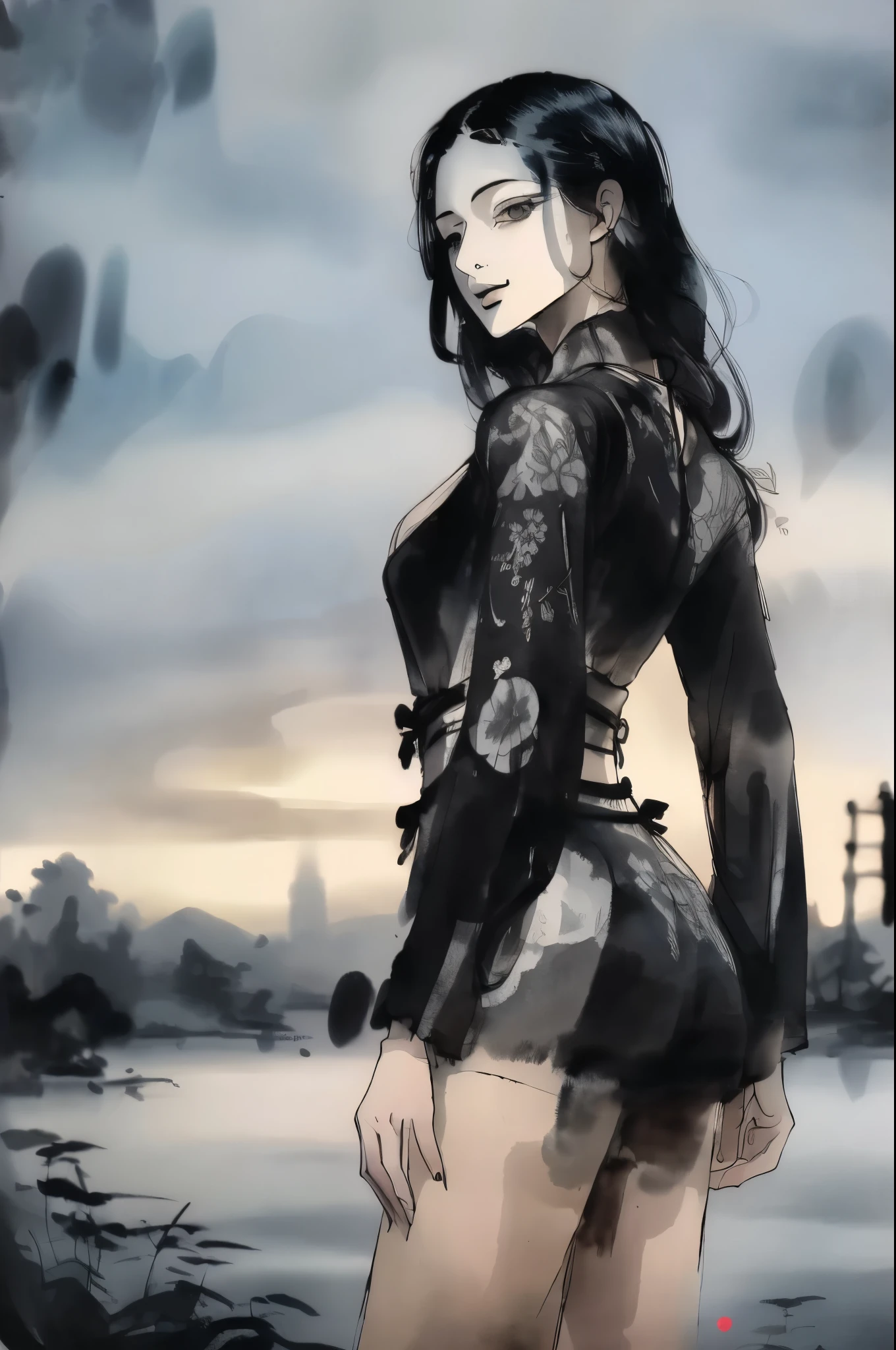 black and white tones:1.3, masterpiece, best quality, tradition chinese ink watercolor paintings:1.2, use thick and light inks to create light and dark changes and layers, a beautiful 20s russian model, ultra detailed face