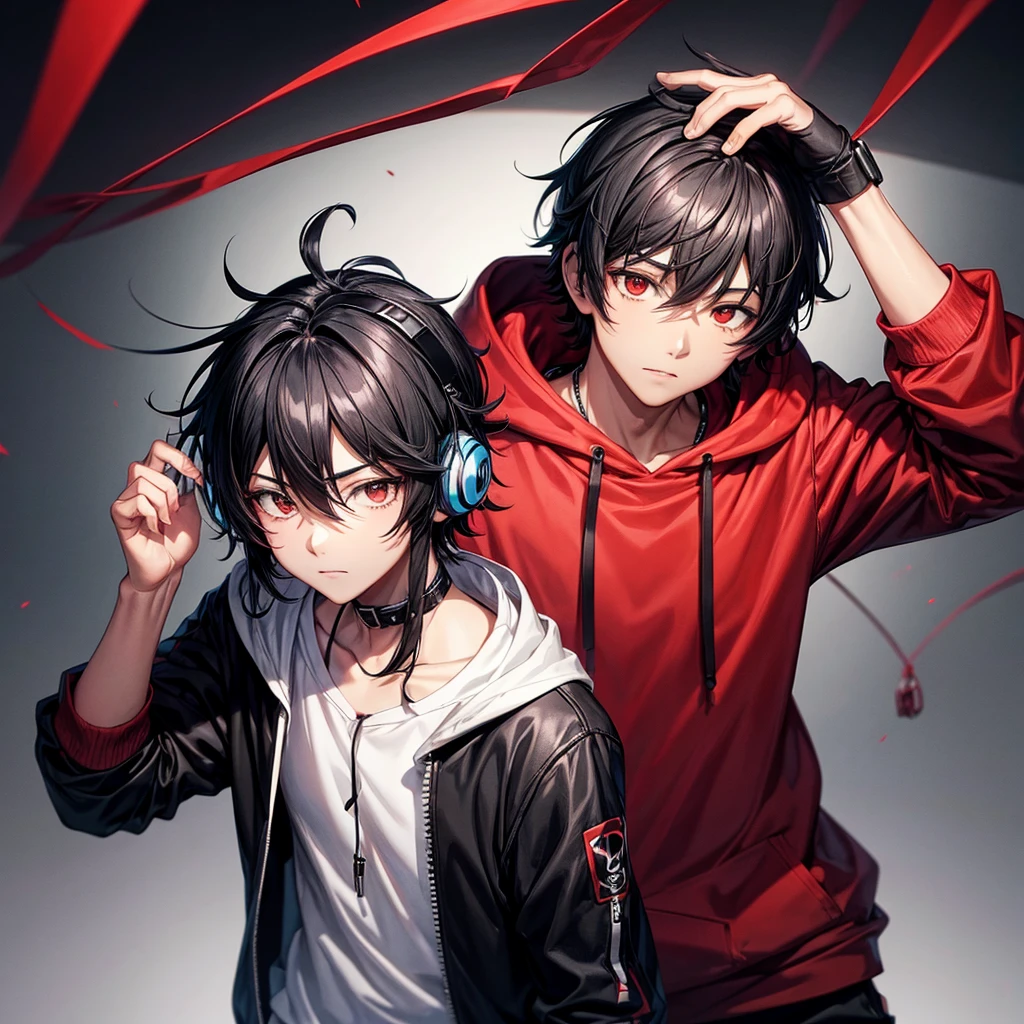 1 Black hair boy,Anime,black and red hoodie, headphones on head