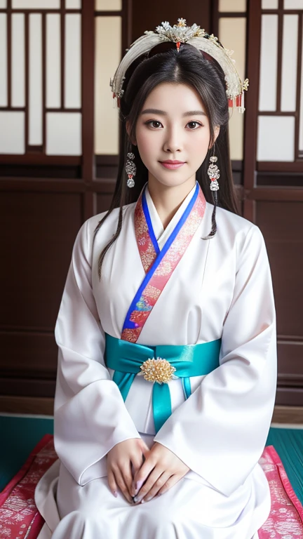 Wearing gorgeous hanbok, Empress costume, Li Dynasty Era, Close-up of a woman in a white blouse sitting on a chair, Gorgeous Young Korean Woman, White clothes are very transparent, Chest visible
