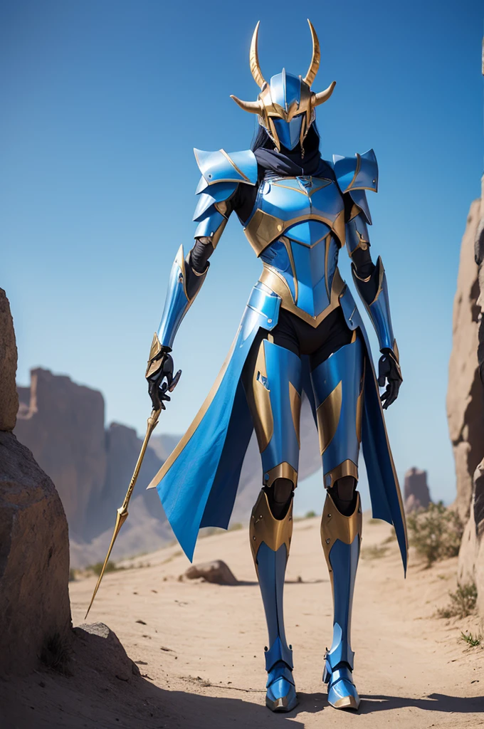 Tall, slender robot with sky blue armor with golden features and two horns