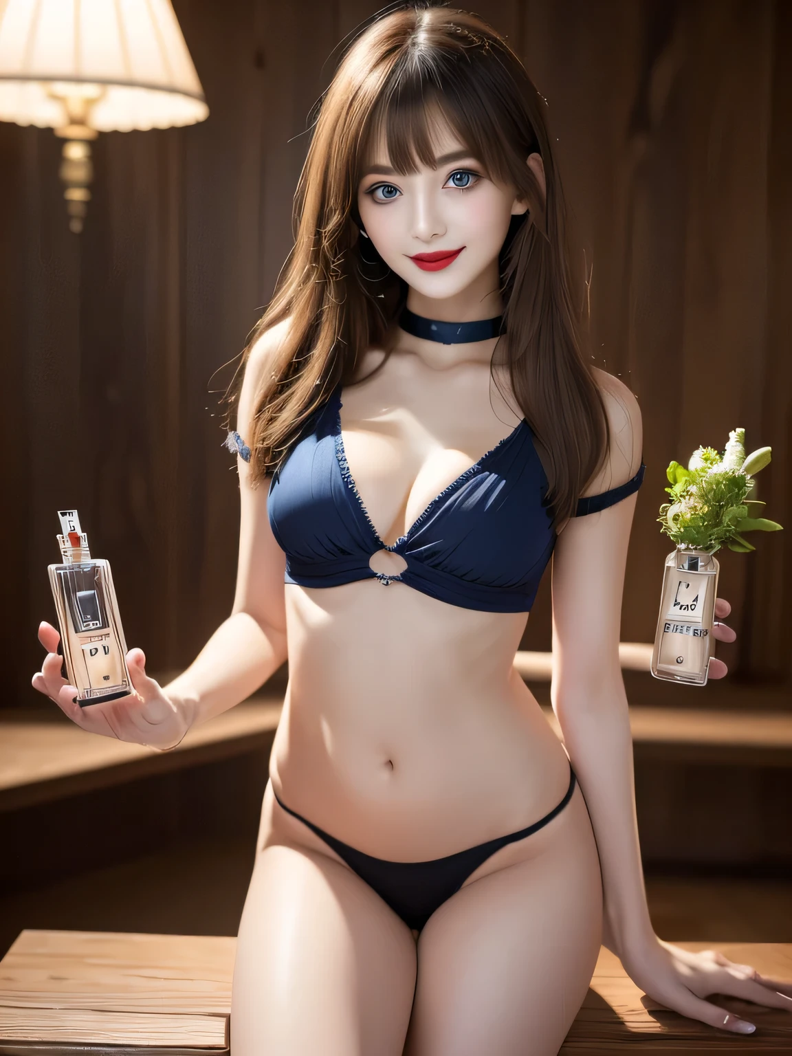 (Highest quality, masterpiece:1.3, Ultra-high resolution), (Very detailed), (Realistic:1.4, RAW shooting), ((A typical blouse:1.2)), ((the body is slim)), girl, Japanese, cute, Straight Long Hair, Big Breasts, Turn your body forward, (View from the front:1.1), Looking into the camera, focused on the chest, Light brown hair, ((Black Choker)), Very long and bushy eyelashes, blue eyes, bangs、 ((Wicked Smile))、Wooden table, Walls made of wood, ((Full body portrait)),Bright red lipstick、Slim face、The body is slim、Very large breasts、((A small bottle of perfume on a desk))