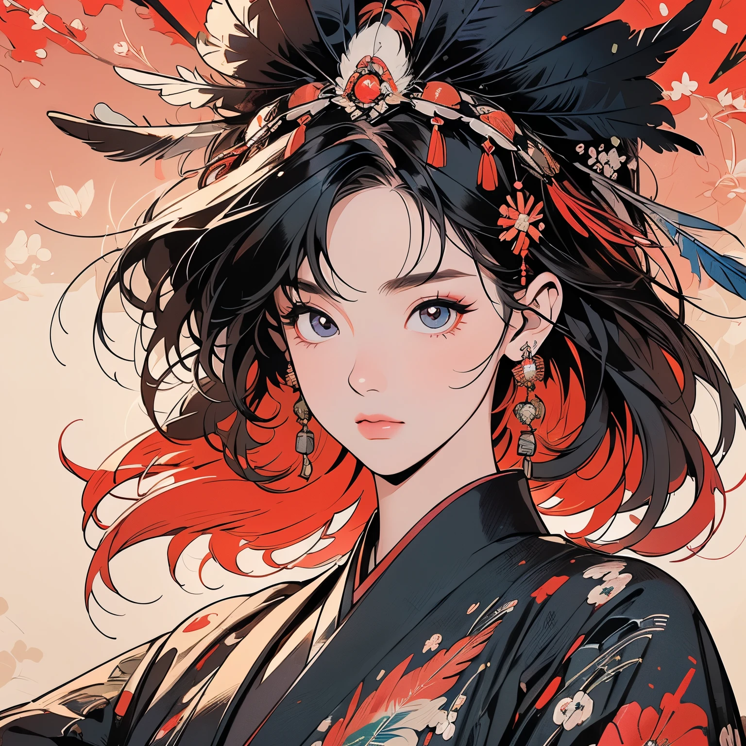 kimono, Perfect kimono, ultra complicated kimono, first-class, ultra detailed,(((ultra complicated ornament))),One Woman, Perfect Face, Faint lighting, (((head shot))), ultra complicated hair、(((Sparkling Eyes))),mysterious, The wind is blowing, Panorama, Long Shot,  (((Beautiful Faces of Asia))),(((Indian feather headdress))),Upper Body,(((TOP quality face)))、(((Large feather ornament))),(((A lot of Black crow feather)))、(((Japanese pattern background)))、(((pale red hair))),Top quality feathers、ultra complicated feathers、Various Angle、Various Hairstyle