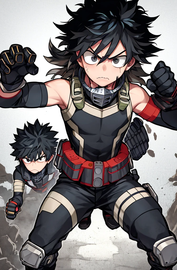 horikoshi kouhei, 1boy, boku no hero academia, wavy hair, dirty, dirty face, elbow gloves, eyebrows, furrowed brow, gloves, black eyes, black hair, looking at viewer, mask, mouth mask, official art, pale skin, serious, long hair