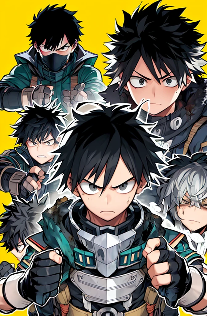 horikoshi kouhei, 1boy, boku no hero academia, wavy hair, dirty, dirty face, elbow gloves, eyebrows, furrowed brow, gloves, black eyes, black hair, looking at viewer, mask, mouth mask, official art, pale skin, serious, long hair