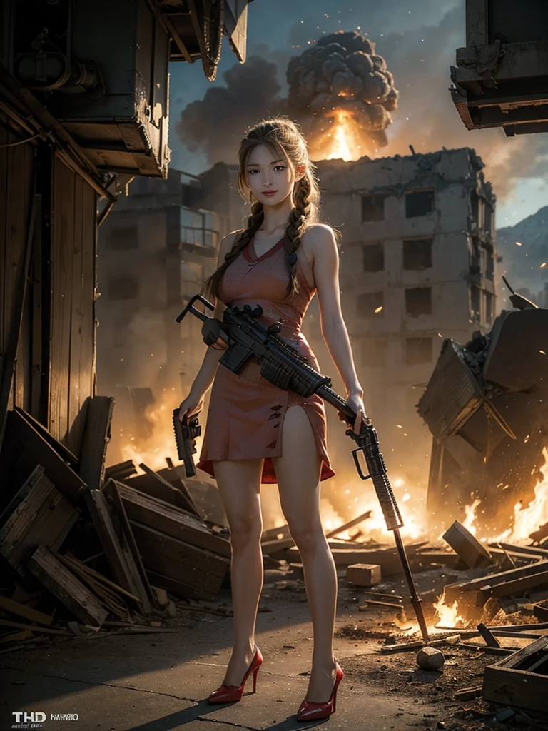 (Top quality,Ultra HD,lifelike: 1.4)(Cowboy Shooter 1),Beautiful armed girl, (K-Pop Idol) ,Detailed face,opposition,Perfect anatomy,Smooth skin,Professional lighting, (Wearing a red super short flame pattern dress,Red high heels,blond,Girl with two short braids),Victory in battle,Smile of victory(background,Destroyed buildings,Fire, (Huge explosion) ) ,Full body close-up, (Holding weapon, Holding rifle, Purposeing, Purpose:1.2), gun, H&k hk416, 马gun, Fire,