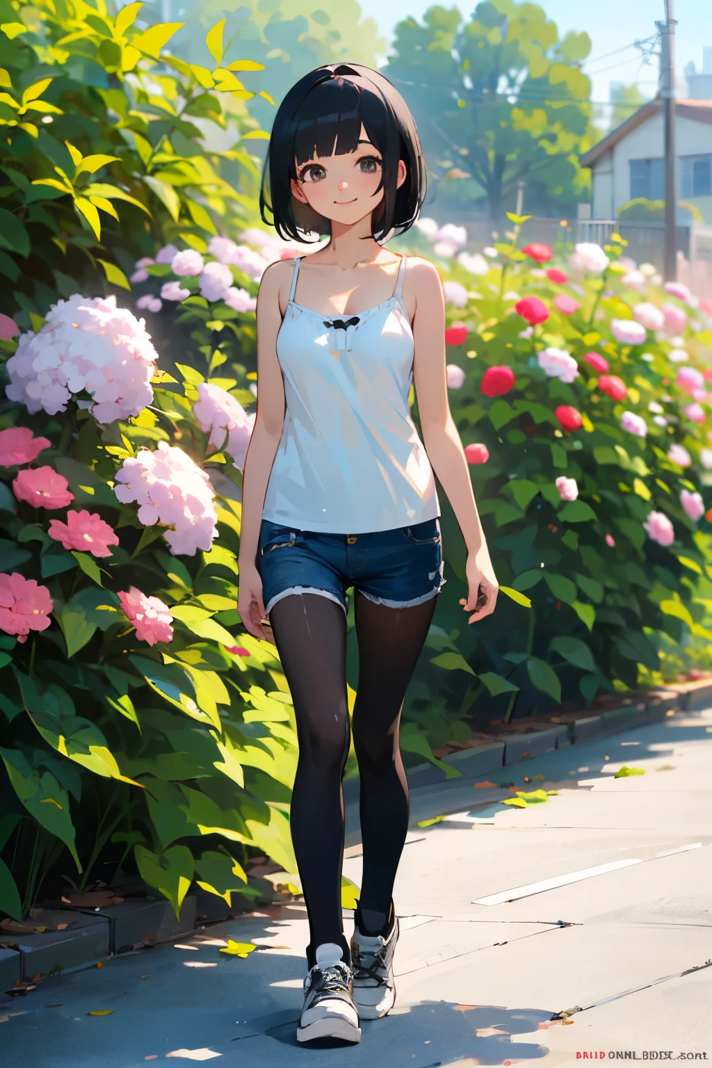 (high quality, High resolution, Very detailed, reality:1.37), Peaceful atmosphere, (Outdoor, garden), girl standing alone, (my breasts are big.), Beautiful details, Cute Smile, (Black bob hair), camisole, Denim shorts, Black tights, sneakers.