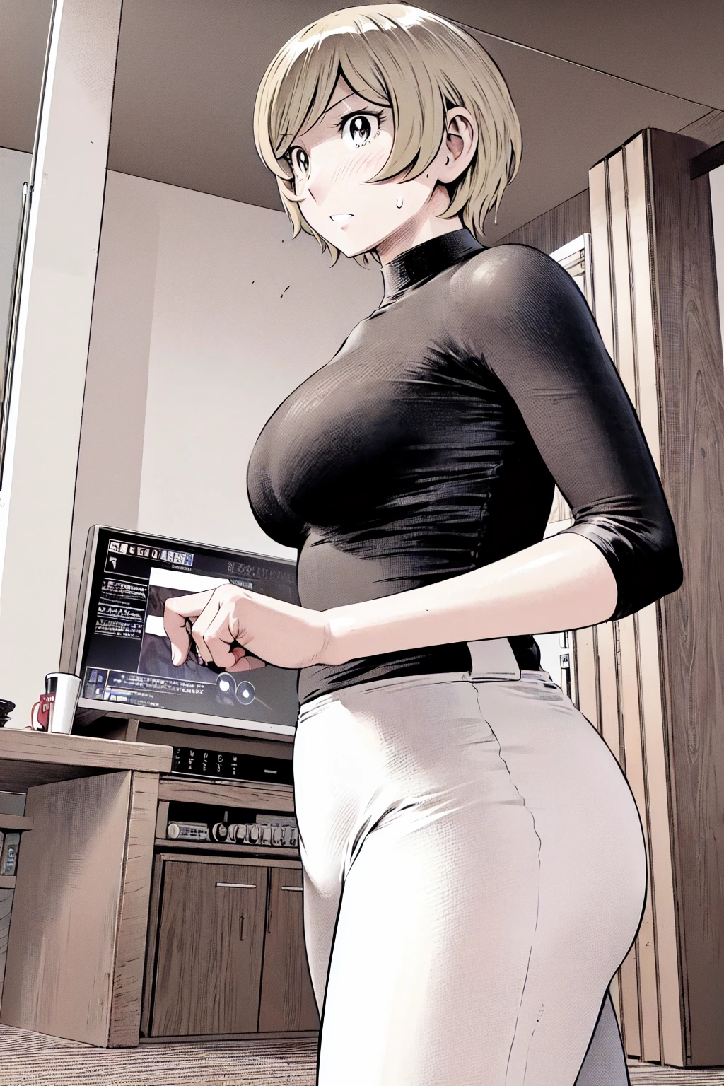 、(masterpiece、Highest quality)、Highest quality, Ultra-high resolution, (((masterpiece))), alone, Sweat、Big eyes,office、Tight white dress shirt、Tight black suit、Tight black pants、indoor、Composition from the front、(Cut the back hair short、short hair、blonde、woman)、Shortcuts、Embarrassed face、Cut your hair short、可愛いwomanの子、Big Breasts