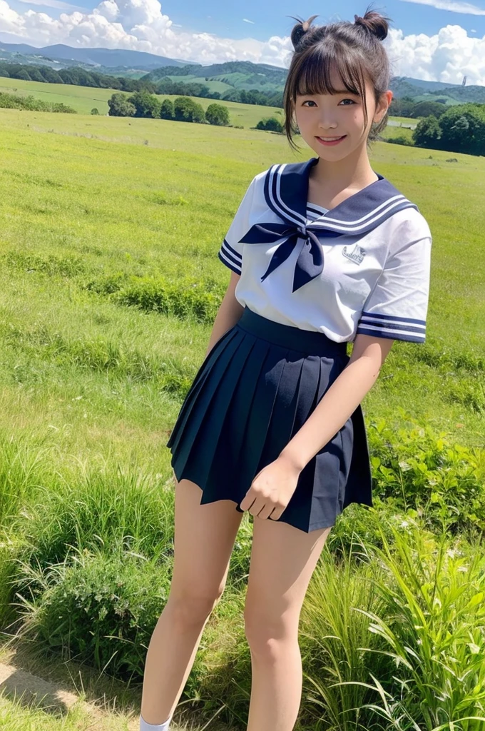 girl standing in rural field,cumulonimbus cloud in summer blue sky,railway and train,sailor shirt and navy blue pleated skirt,18-year-old,bangs,a little smile,thighs,knees,wet short hair with low pigtails bunches,from beside,front light