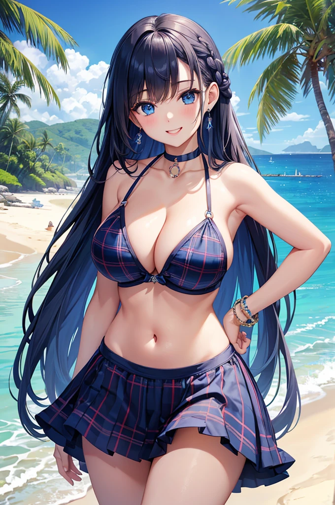 Highest quality、Highest quality、masterpiece、(8K),beauty(5)、Navy blue long hair(Braiding of sides)、blue eyes、Sexy ini(Plaid)、Big cleavageeasts)、smiklace、Blue Earrings、background(Beach)、Please open your mouth wide、bracelet、Arching pose、Blue choker