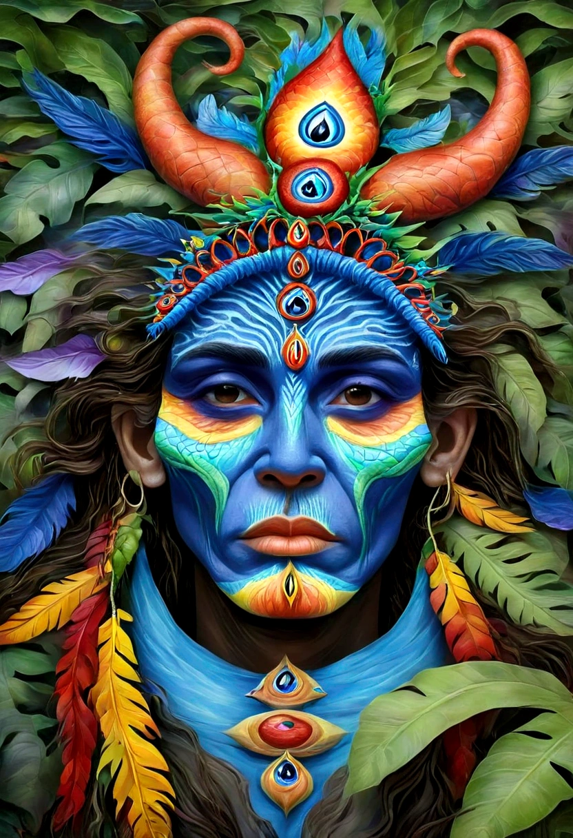 old shaman wearing a feather headdress. psychedelic third eye in the middle of the forehead. face and body covered in paint. protruding from nature, surrounded by tropical animals, colorful snakes, branches, photorealistic leafy trees