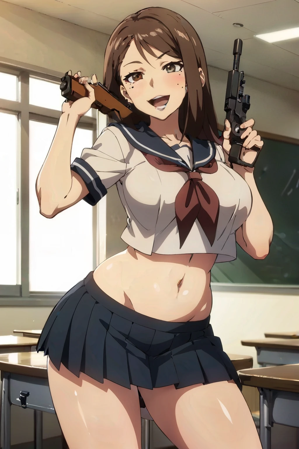 2girl, two girl ,bangs, evil smile, smile, blush, lipstick, long hair, masterpiece, best quality, ((unbuttoned , cleavage, necklace, earrings, sexy body,
breasts)) , micro skirt, smiling, navel , exposed belly, exposed navel,school,knot,
classroom , holding a gun, hold a gun
