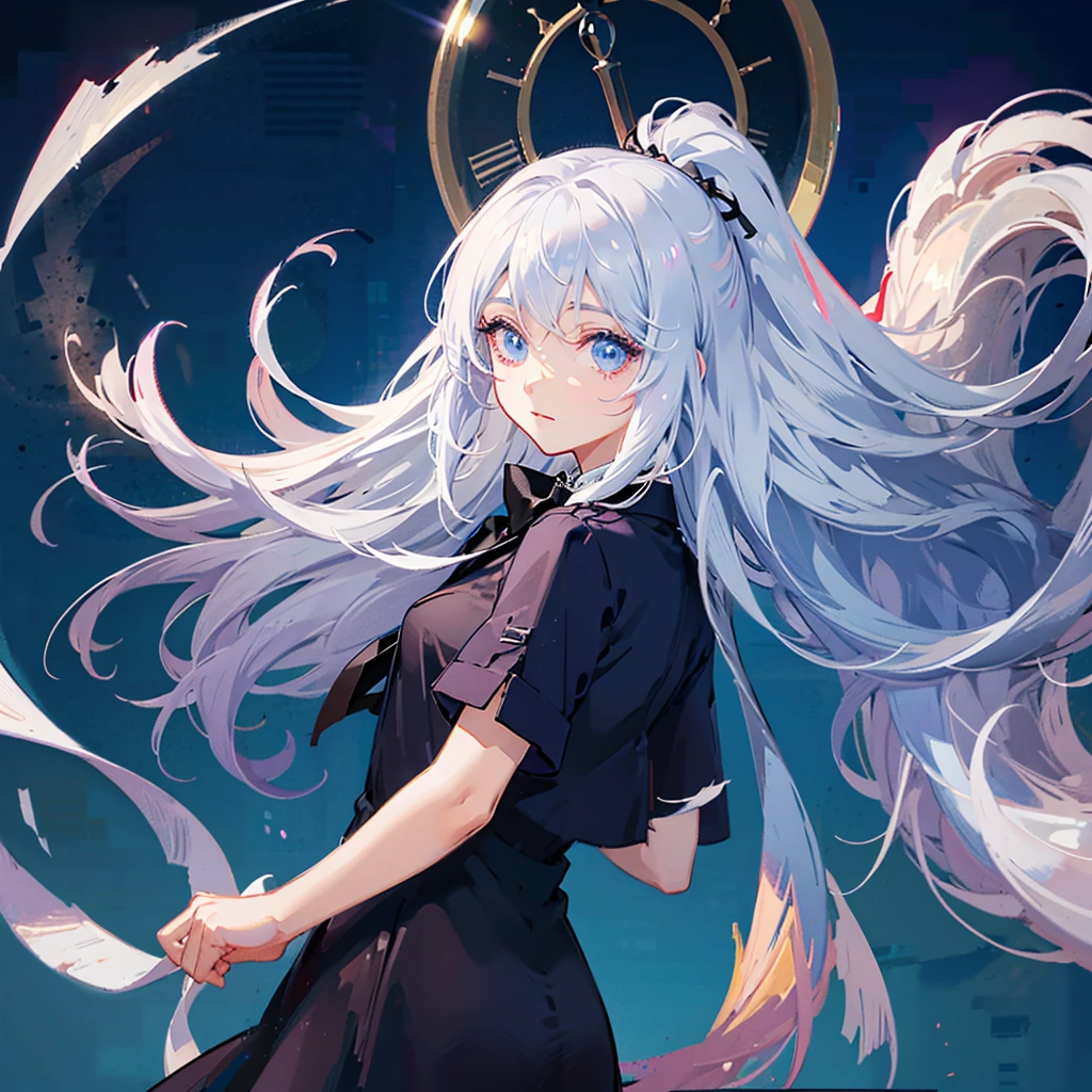 Anime Girl holding a hourglass, white space on background, white structure, Focus on hourglass, Mysterious enviroment
