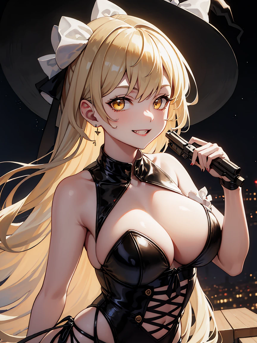 Kirisame_Marisa_East, blonde_hair, length_hair, Have, witch_Have, gun, yellow_eye, Braiding, single_Braiding, Have_gun, smile, hair_gun, white_gun, 前hair, black_HatBREAK 
(Red nose), smile
BREAK
Masterpiece, Highest quality, High resolution, 8K, Official Art, Super Resolution, 非常にDetailed and beautiful, 非常にDetailed, wonderful、Detailed, 非常にDetailed美しい女の子, 非常にDetailed顔, highly detailed eye, 非常にDetailed肌, 非常にDetailed指, 非常にDetailed鼻, 非常にDetailed口, Perfect Anatomy BREAK Huge Library, Lots of bookshelves, Luxury Mansion, 非常にDetailed CG unity 16k, Very beautiful 16K CG wallpaper