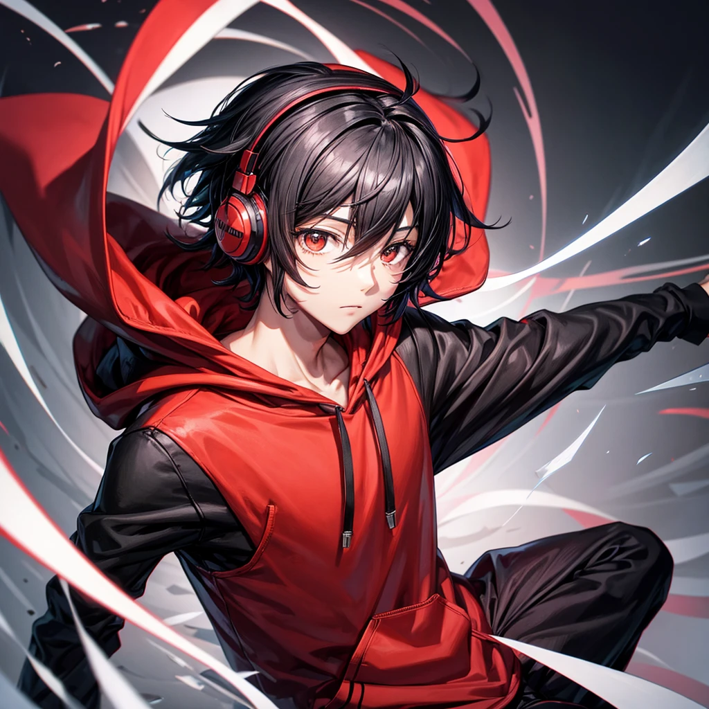 Black hair boy,Anime,red hoodie, headphones on head
