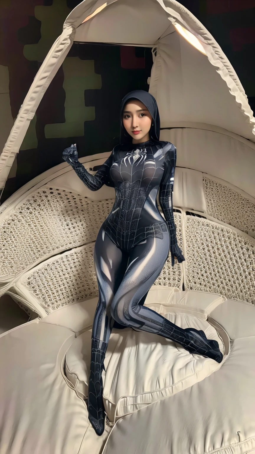 (masterpiece:1.4), (best quality:1.4), (high resolution:1.4), (masterpiece, best quality, high resolution:1.4), ((soft lighting:1.3)), ((realistic:1.2)), ((4k images)), Fazreina malysia, hijab,  big breast, forward chest, nody goal, wearin costume spider-man tights