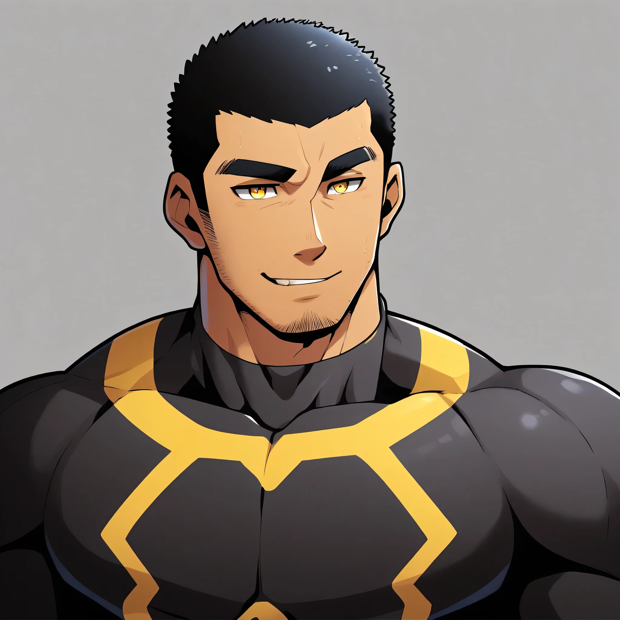 anime characters:Gyee, Young Muscle Sports Student, negro black skin, Buzz Cut, Manliness, male focus, Dark yellow 高领 long sleeve tight T-shirt, Slightly transparent texture, Very tight, Slightly transparent, muscular male, muscular, only, Upper body, alone, Black short hair, Thick eyebrows, stubble, Yellow eyes, Grey background, simple background, amazing quality, best aesthetics, Ridiculous, bright pupils, crew cut, parted lips, seductive smile, torogao, naughty face, best quality