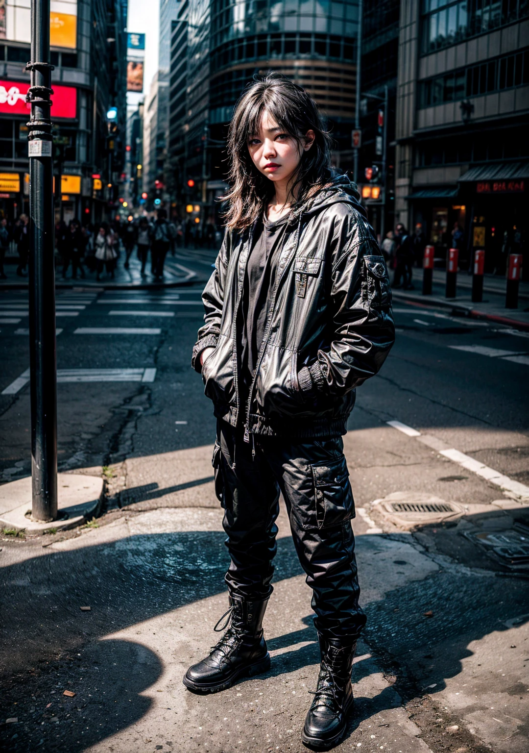 Photography, aerial view, professional model, standing on massive a complicated crosswalk center inspired by Shibuya scramble, stare into the camera, wearing black washing safari long jacket with black hoodie, black cargo pants, dark grey boots, realistic photographs --ar 9:16 --style raw --stylize 750 --v 6