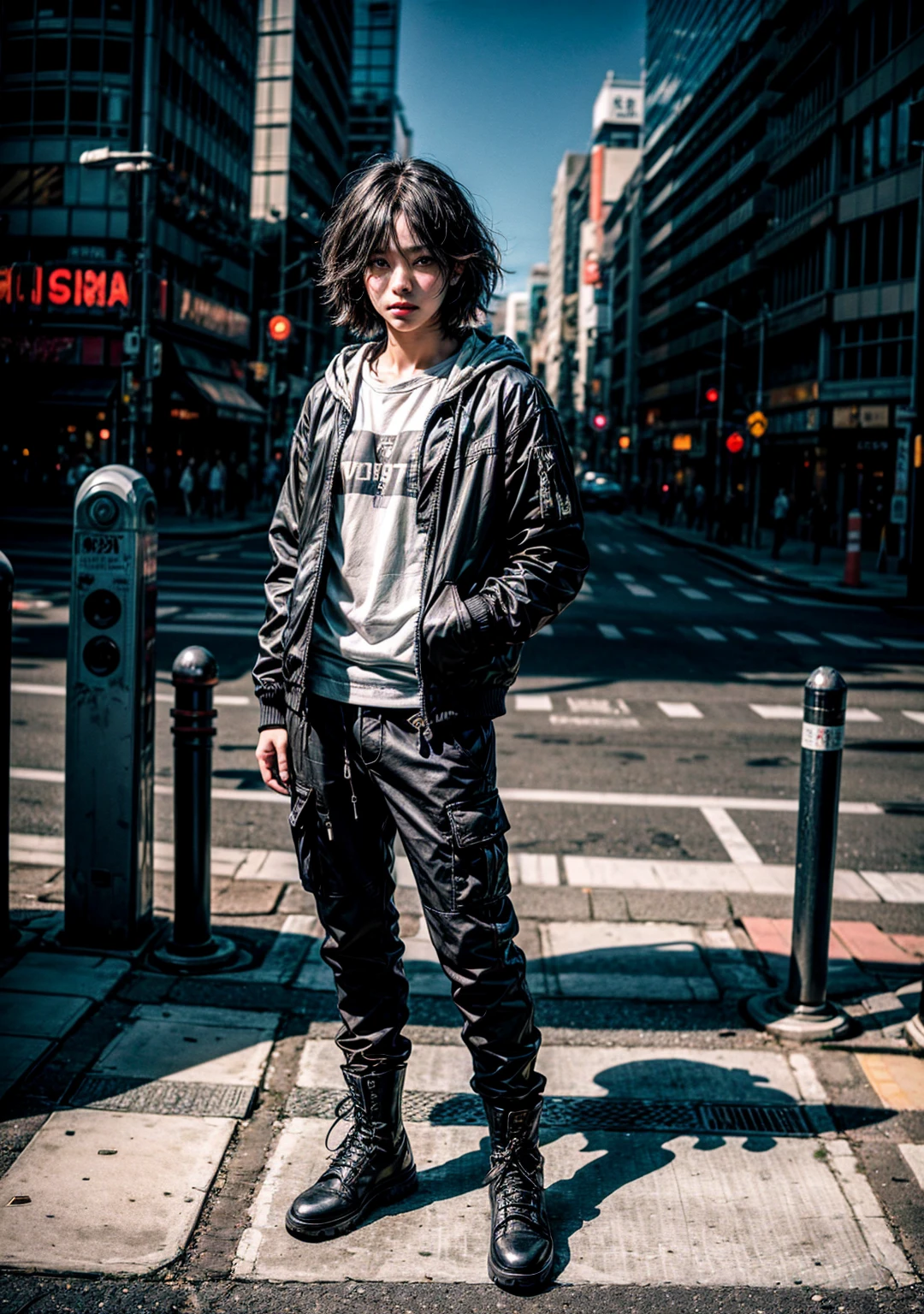 Photography, aerial view, professional model, standing on massive a complicated crosswalk center inspired by Shibuya scramble, stare into the camera, wearing black washing safari long jacket with black hoodie, black cargo pants, dark grey boots, realistic photographs --ar 9:16 --style raw --stylize 750 --v 6