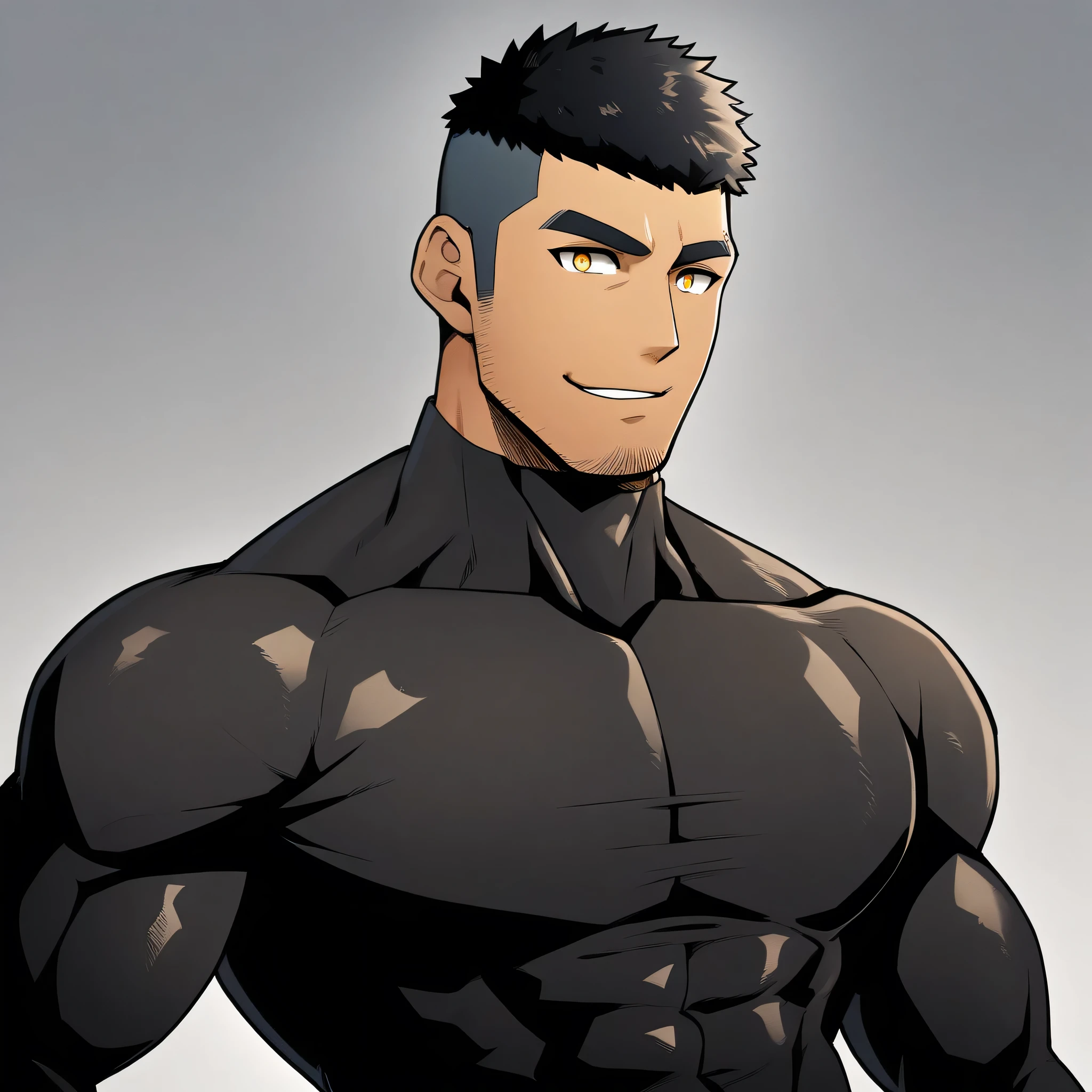 anime characters：Gyee, Young Muscle Sports Student, ????? black skin, Buzz Cut, Manliness, male focus, Dark yellow 高领 long sleeve tight T-shirt, Slightly transparent texture, Very tight, Slightly transparent, muscular male, muscular, only, Upper body, alone, Black short hair, Thick eyebrows, stubble, Yellow eyes, Grey background, simple background, amazing quality, best aesthetics, Ridiculous, bright pupils, crew cut, parted lips, seductive smile, torogao, naughty face, best quality