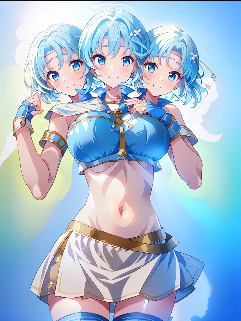 (masterpiece, best quality), best resolution, (3heads:1.5), 1girl, light blue hair, fingerless gloves, smiling, soft smile, open belly, white-blue crop top, blue-white miniskirt, open breasts, huge tits, sexy pose, hair length until shoulders, headband,
