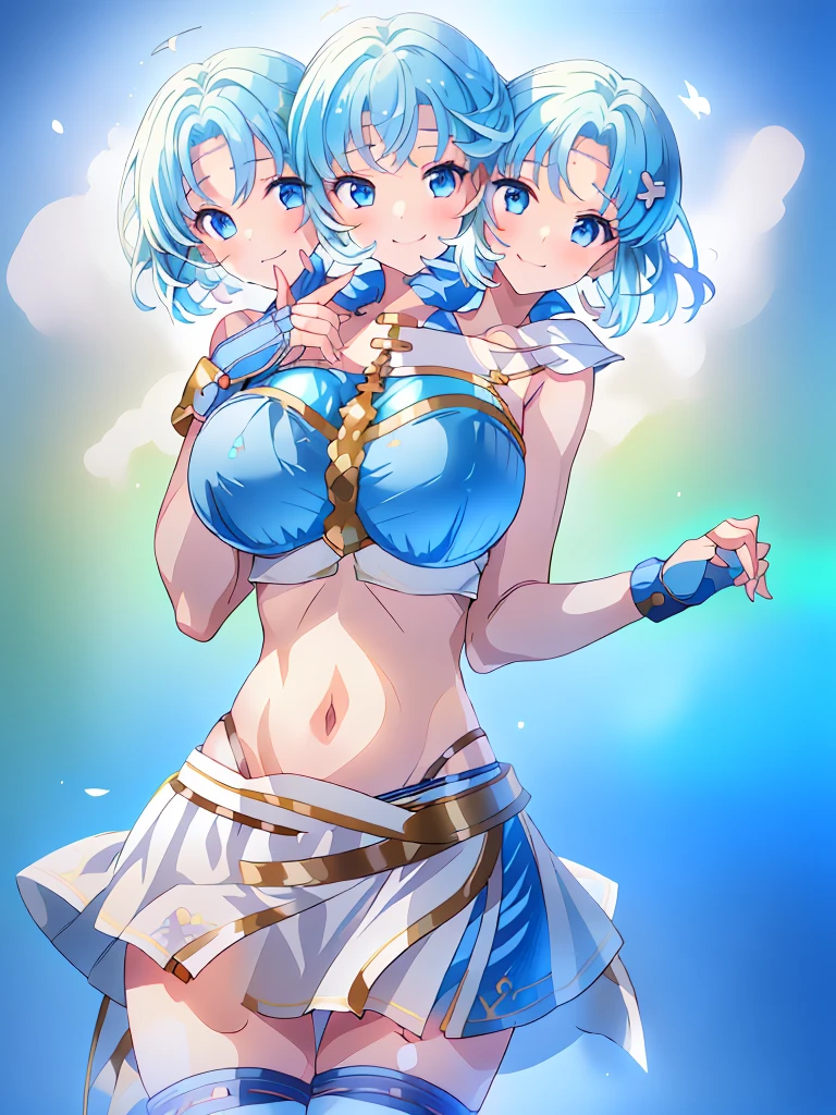 (masterpiece, best quality), best resolution, (3heads:1.5), 1girl, light blue hair, fingerless gloves, smiling, soft smile, open belly, white-blue crop top, blue-white miniskirt, open breasts, huge tits, sexy pose, hair length until shoulders, headband,
