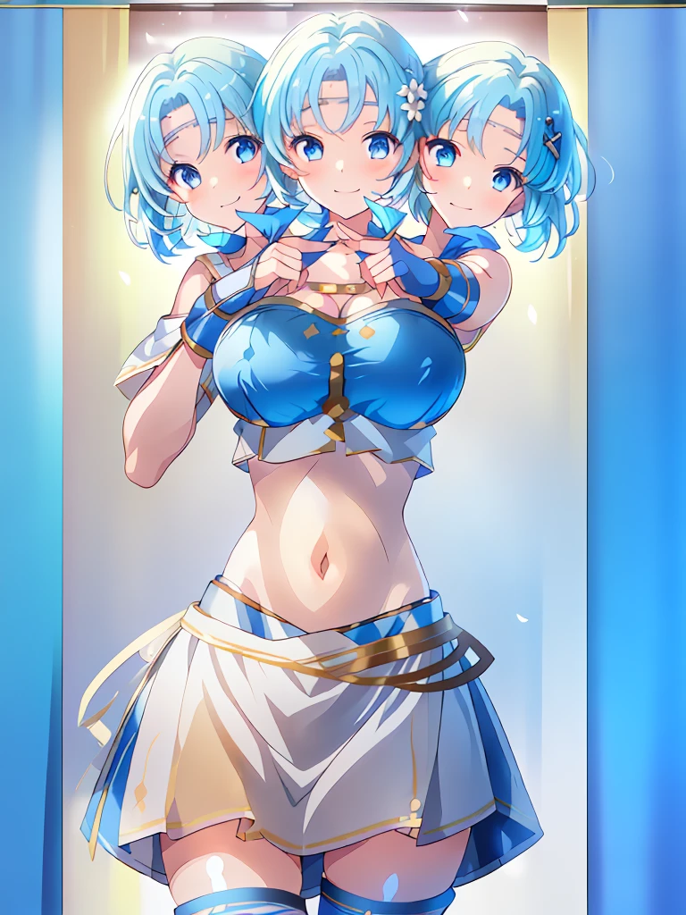 (masterpiece, best quality), best resolution, (3heads:1.5), 1girl, light blue hair, fingerless gloves, smiling, soft smile, open belly, white-blue crop top, blue-white miniskirt, open breasts, huge tits, sexy pose, hair length until shoulders, headband,
