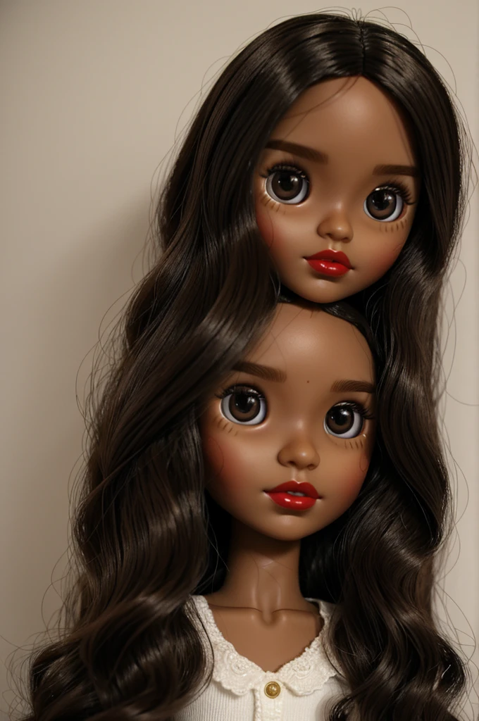 Blythe doll, dark skin, big brown eyes, without bangs, almost straight wavy hair, a little big nose, red lips