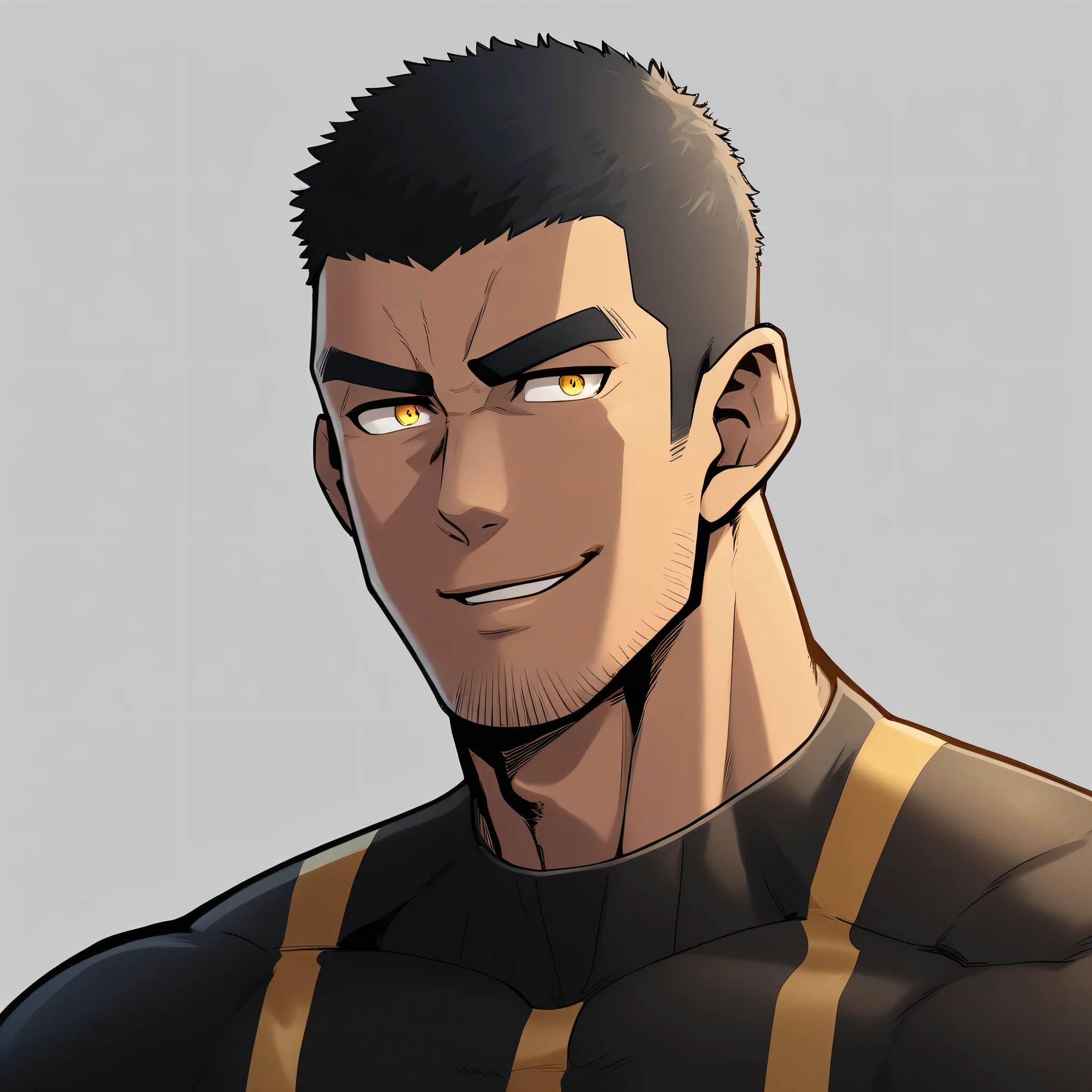anime characters：Gyee, Young Muscle Sports Student, negro black skin, Buzz Cut, Manliness, male focus, Dark yellow 高领 long sleeve tight T-shirt, Slightly transparent texture, Very tight, Slightly transparent, muscular male, muscular, only, Upper body, alone, Black short hair, Thick eyebrows, stubble, Yellow eyes, Grey background, simple background, amazing quality, best aesthetics, Ridiculous, bright pupils, crew cut, parted lips, seductive smile, torogao, naughty face, best quality