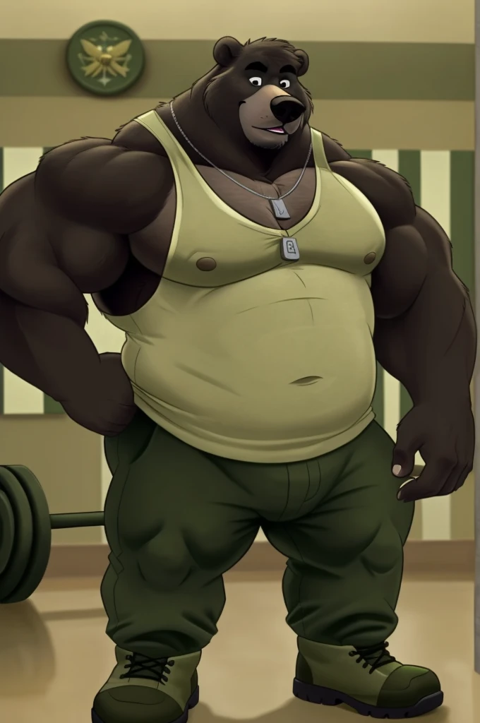 ((masterpiece, best quality)),solo, 1bear, solo, baloo, huge muscular, green army pants, boots, tank top, dog tag necklace, black eyes, furry, bear, no humans, military academy, gym set, training