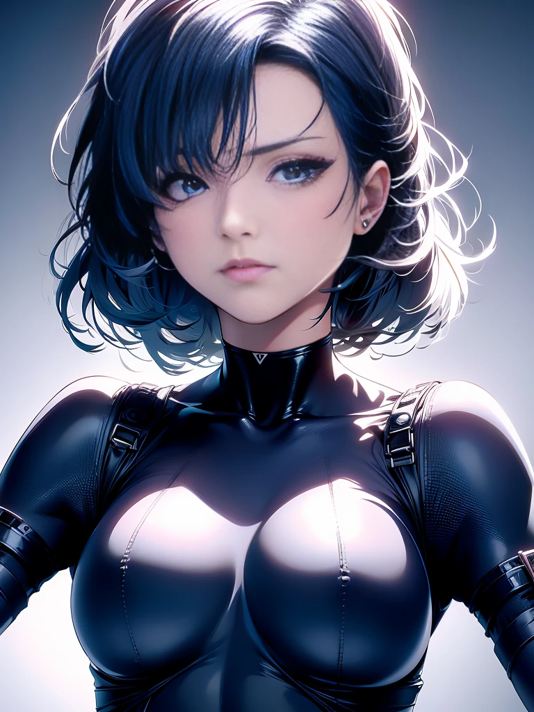Official Art, unity 8k wallpaper, Very detailed, beautifully、aesthetic, masterpiece, highest quality, Realistic, close, Skin dents, , Interface Headset, A bodysuit worn under clothing, Beautiful Eyes, Detailed face, Thin Hair, Black background, straight, Looking at the audience, Shiny,