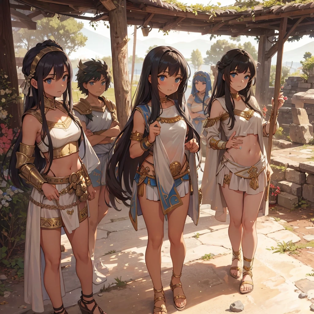 a group of completely naked Greek warriors girls , tanding guard at a door, smile ,muscular woman, marked abdomen, ,brown skin, Greek warrior, girls, small breasts, , tail cover , marked abdomen, ,brown skin, ancient Greece, classical Greece, defined abdomen , warrior woman, black hair,