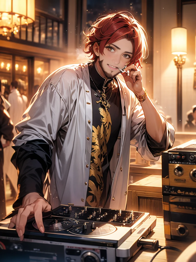in 8K、top-quality、Red hair, golden eyes, young man, beard, smoking, Arabian clothes, DJ