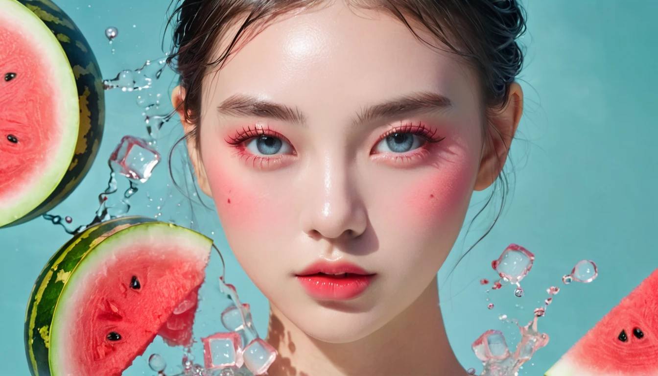 Summer Watermelon Girl，Dopamine teenage， Cool summer days，Chilled watermelon，Ice cubes，The watery girl，Delicate skin，Hydration，Shiny，Shiny，dream，Front view，bust，pearl