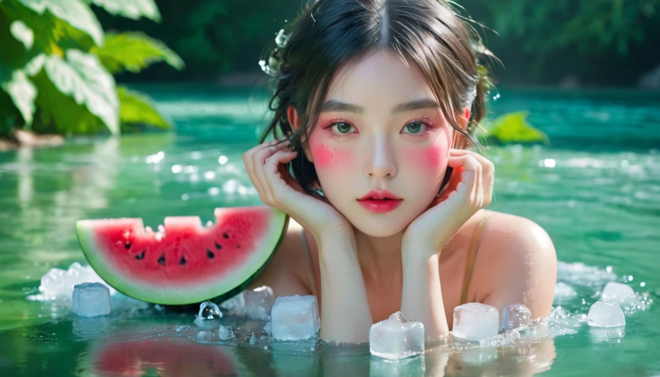 Summer Watermelon Girl,Dopamine teenage, Cool summer days,Chilled watermelon,Ice cubes,The watery girl,Delicate skin,Hydration,Shiny,Shiny,dream,Front view,bust,pearl