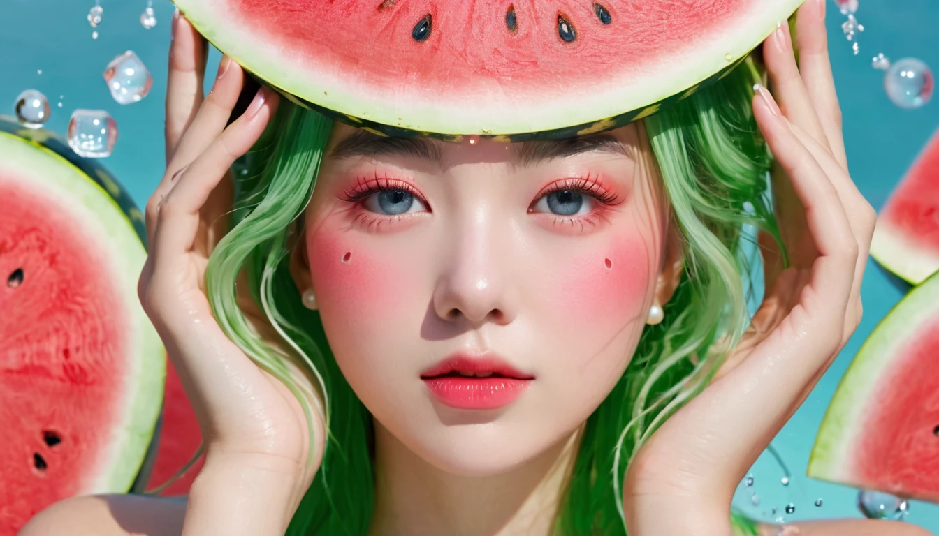 Summer Watermelon Girl，Dopamine teenage， Cool summer days，Chilled watermelon，Ice cubes，The watery girl，Delicate skin，Hydration，Shiny，Shiny，dream，Front view，bust，pearl