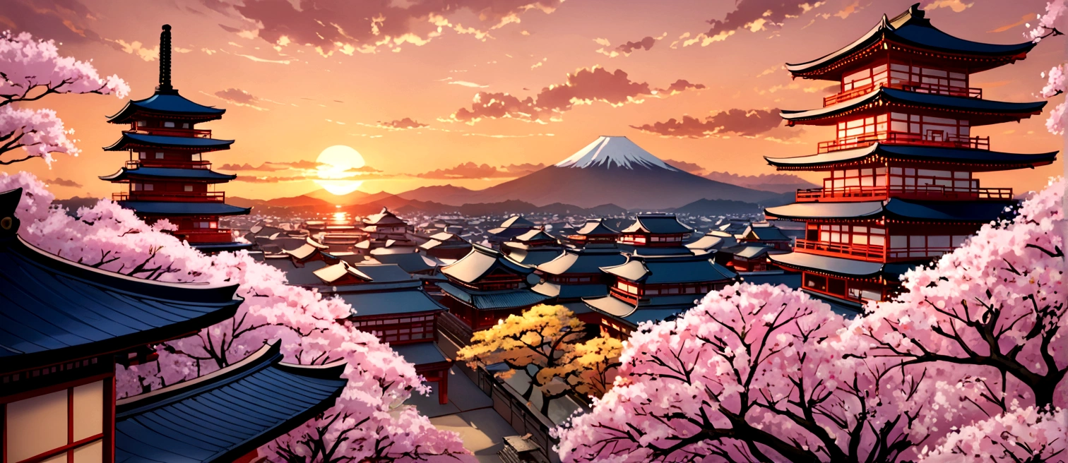 masterpiece, sunset, ancient japan city, sakura flower in front