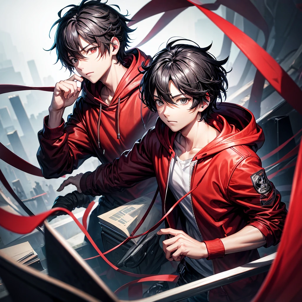 Black haired boy,Anime,red hoodie, headphones on head