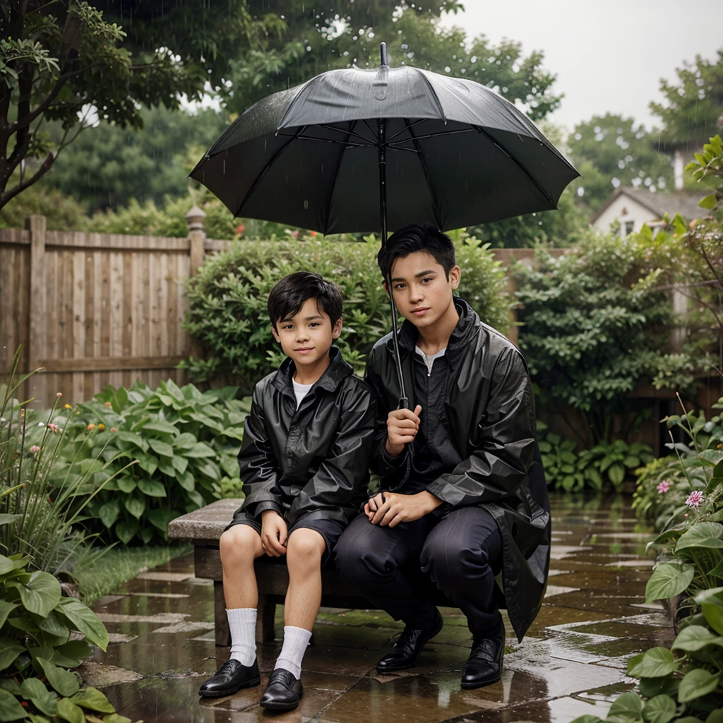 1 boy have umbrella and rainy weather boy sit in garden