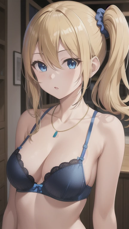 masterpiece, best quality, 1girl, solo, hayasaka ai, blue scrunchie, side ponytail, hair between eyes, blue eyes, blonde hair, hair ornament, medium breasts, hair scrunchie, bangs, long hair, sidelocks, necklace, lingerie