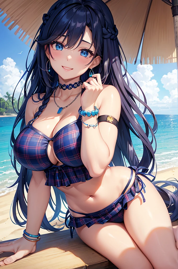 Highest quality、Highest quality、masterpiece、(8K),beauty(Age 25)、Navy blue long hair(Braiding of sides)、blue eyes、Sexy Bikini(Plaid)、Big cleavage、(Big Breasts)、smile、blue necklace、Blue Earrings、background(Beach)、Please open your mouth wide、bracelet、Arching pose、Blue choker