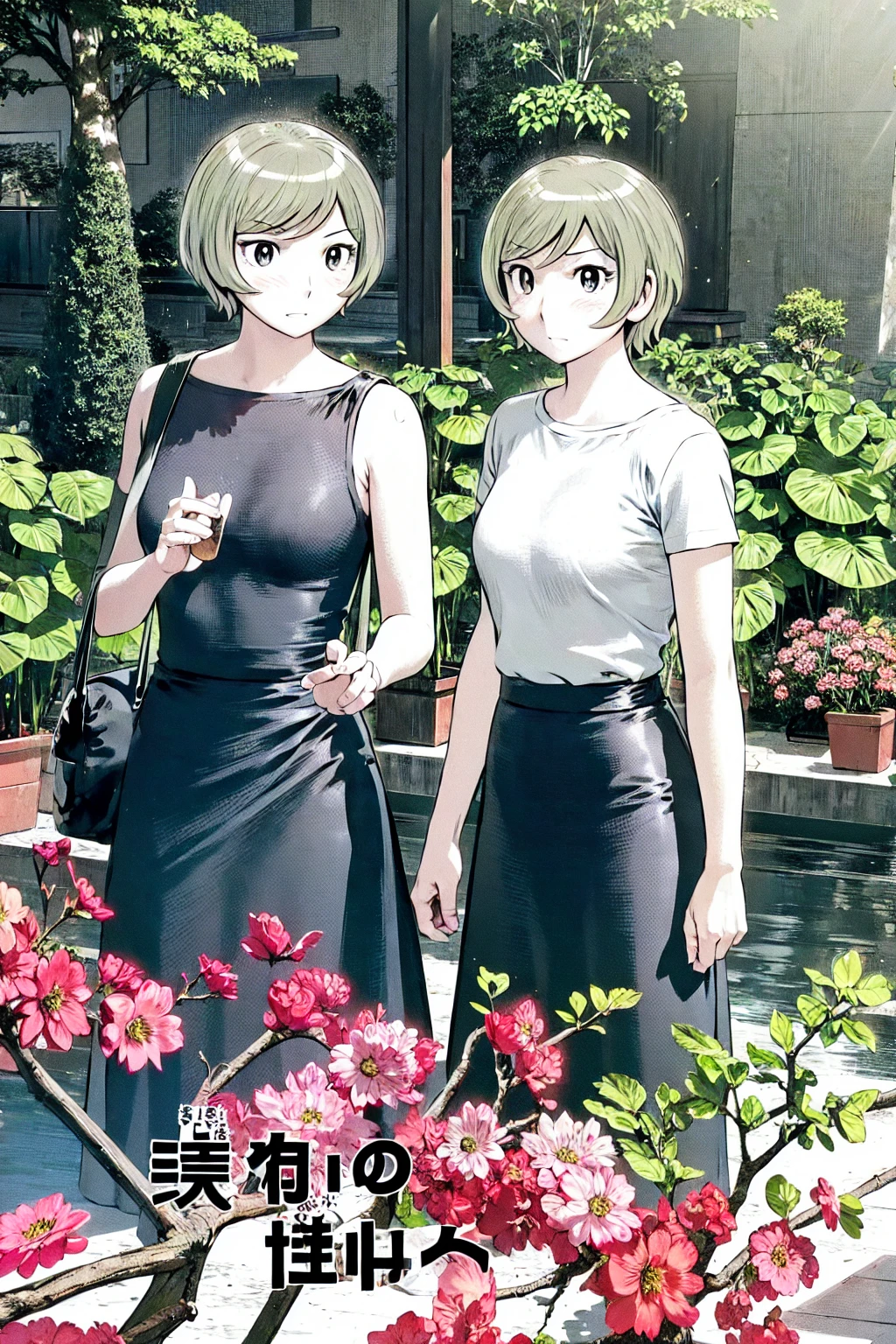 、(masterpiece、Highest quality)、Highest quality, Ultra-high resolution, (((masterpiece))), alone, Sweat、Big eyes, No sleeve、Outdoor、Floral dress、Composition from the front、(Cut the back hair short、short hair、blonde、woman)、Shortcuts、Embarrassed face、Cut your hair short、可愛いwomanの子、Big Breasts、NSFW