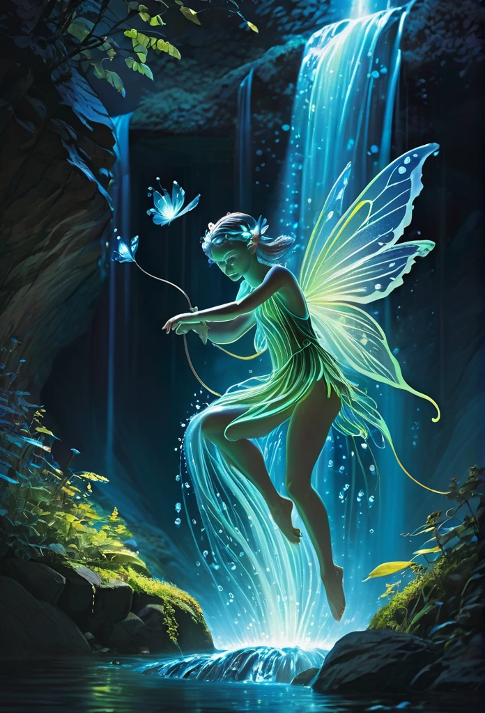Bioluminescent fairy playing in a waterfall,magic background, refined details 
