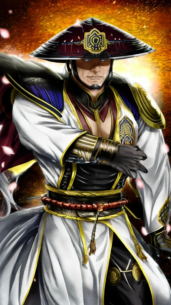  Create a highly detailed and realistic image of Oda Nobunaga, the famous Japanese daimyo and military leader from the Sengoku period. He should have a stern and commanding presence, with sharp facial features and a determined expression. Nobunaga should be depicted wearing traditional samurai armor, including a kabuto (helmet) adorned with a distinctive crest, and a dark, ornate kimono underneath. His armor should be intricately detailed with patterns and symbols. Include elements that reflect his status and power, such as a katana at his side and a background featuring a Japanese castle or battlefield. The setting should evoke the historical atmosphere of 16th-century Japan, with elements like cherry blossoms, banners, and traditional architecture. The lighting should highlight Nobunaga’s formidable and authoritative aura.